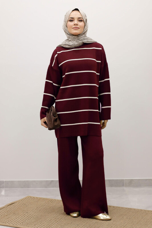 Çizgili Triko Takım TSD240721 Bordo - Tesettür Dünyası