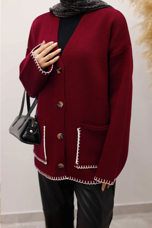 Çoban Dikişli Cepli Triko Hırka TSD250226 Bordo - 2