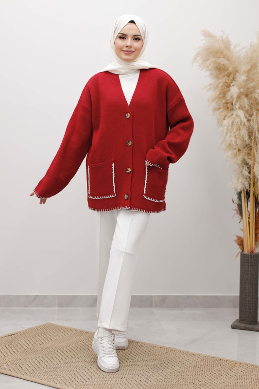 Çoban Dikişli Cepli Triko Hırka TSD250226 Kırmızı - TESETTÜR DÜNYASI (1)
