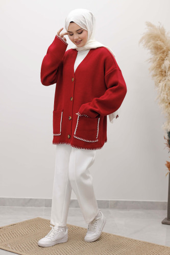 Çoban Dikişli Cepli Triko Hırka TSD250226 Kırmızı - 3