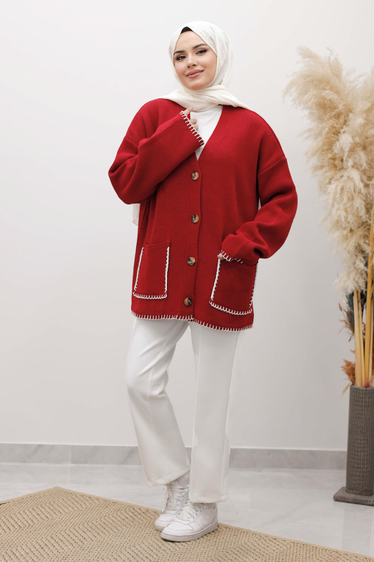 Çoban Dikişli Cepli Triko Hırka TSD250226 Kırmızı - 4