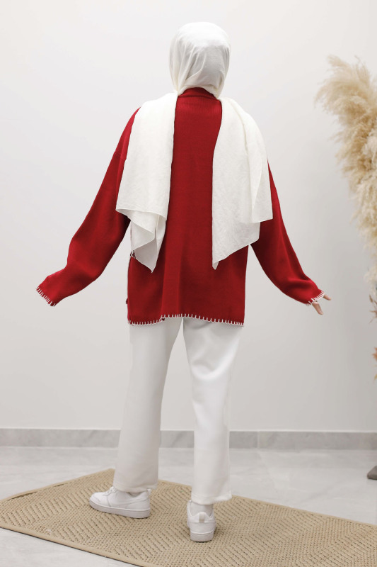 Çoban Dikişli Cepli Triko Hırka TSD250226 Kırmızı - 6