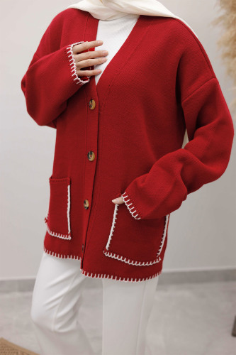 Çoban Dikişli Cepli Triko Hırka TSD250226 Kırmızı - 5