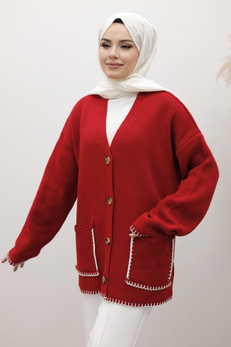 Çoban Dikişli Cepli Triko Hırka TSD250226 Kırmızı 