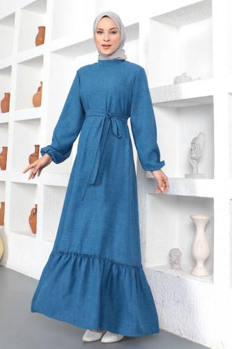 Büyük Beden Beli Bağlamalı Elbise TSD230358 Mavi - 3