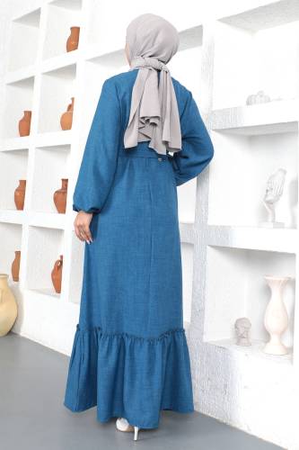 Büyük Beden Beli Bağlamalı Elbise TSD230358 Mavi - 5