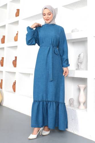 Büyük Beden Beli Bağlamalı Elbise TSD230358 Mavi - 1