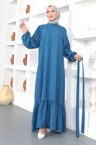 Büyük Beden Beli Bağlamalı Elbise TSD230358 Mavi - 4