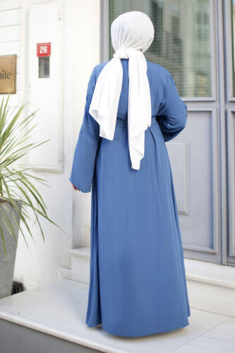 Dal Desenli Tesettür Abaya TSD240724 İndigo - 5