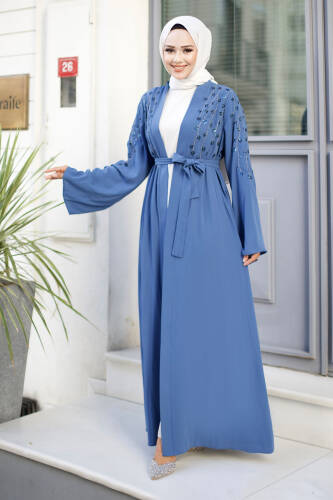 Dal Desenli Tesettür Abaya TSD240724 İndigo - 3