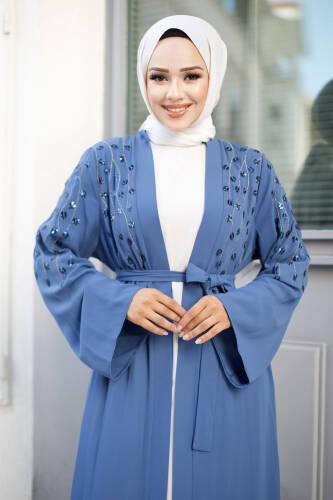 Dal Desenli Tesettür Abaya TSD240724 İndigo - 2