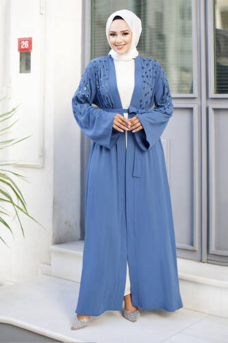 Dal Desenli Tesettür Abaya TSD240724 İndigo - 1