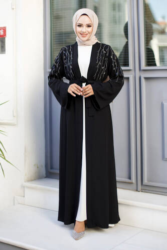 Dal Desenli Tesettür Abaya TSD240724 Siyah 