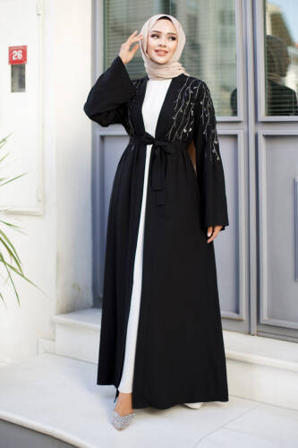 Dal Desenli Tesettür Abaya TSD240724 Siyah - 3