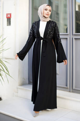 Dal Desenli Tesettür Abaya TSD240724 Siyah - 4