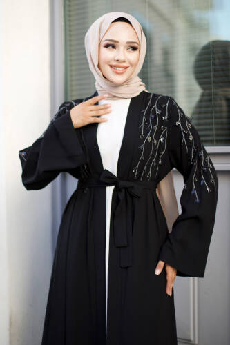 Dal Desenli Tesettür Abaya TSD240724 Siyah - 2