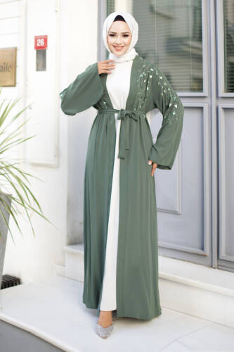 Dal Desenli Tesettür Abaya TSD240724 Yeşil - 3