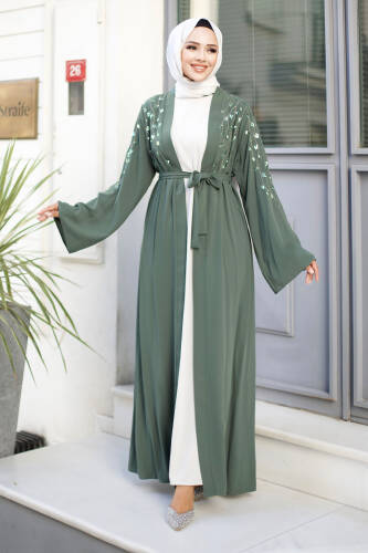 Dal Desenli Tesettür Abaya TSD240724 Yeşil - 4