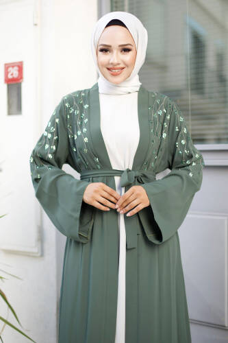 Dal Desenli Tesettür Abaya TSD240724 Yeşil - 2