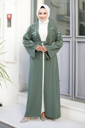 Dal Desenli Tesettür Abaya TSD240724 Yeşil - 1