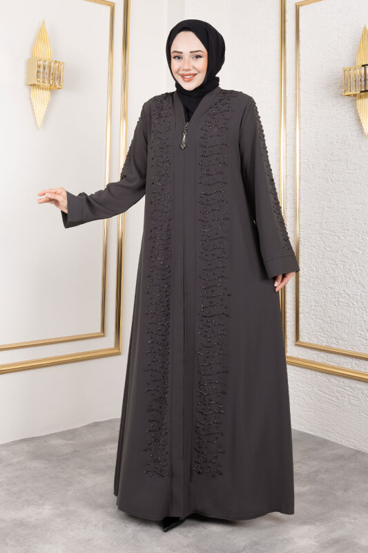 Dalga Taş Detaylı Abaya TSD250166 Antrasit - 4