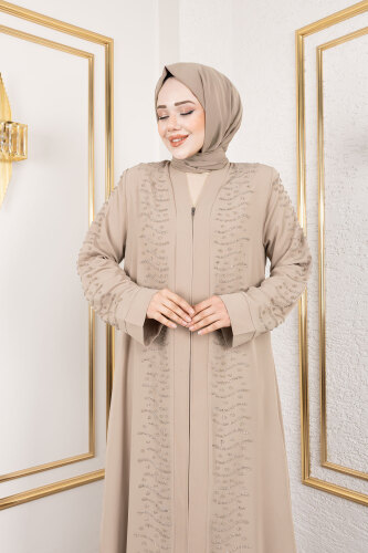 Dalga Taş Detaylı Abaya TSD250166 Bej - 2