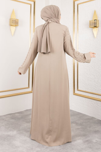 Dalga Taş Detaylı Abaya TSD250166 Bej - 5