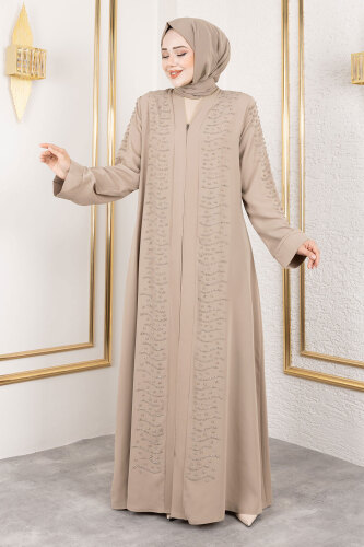 Dalga Taş Detaylı Abaya TSD250166 Bej 