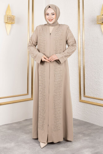 Dalga Taş Detaylı Abaya TSD250166 Bej - 3