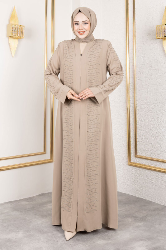 Dalga Taş Detaylı Abaya TSD250166 Bej - 3