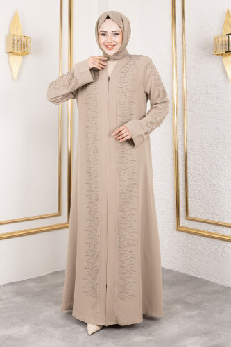 Dalga Taş Detaylı Abaya TSD250166 Bej - 4