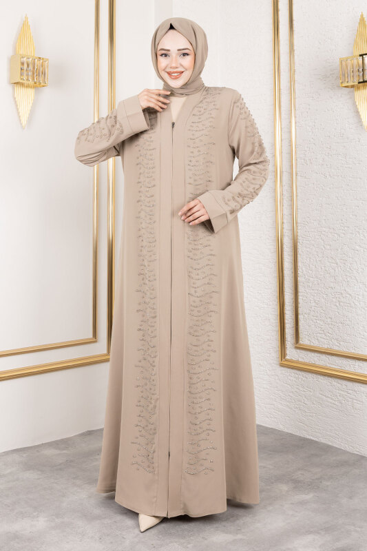 Dalga Taş Detaylı Abaya TSD250166 Bej - 4