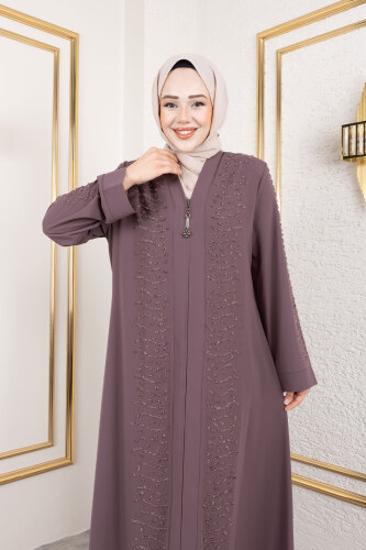 Dalga Taş Detaylı Abaya TSD250166 Gül Kurusu - 2