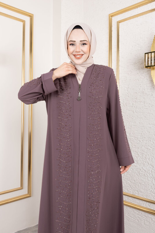 Dalga Taş Detaylı Abaya TSD250166 Gül Kurusu - 2