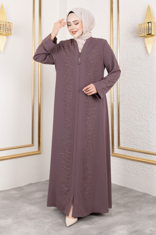 Dalga Taş Detaylı Abaya TSD250166 Gül Kurusu - 1