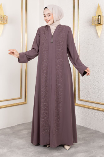 Dalga Taş Detaylı Abaya TSD250166 Gül Kurusu - 3