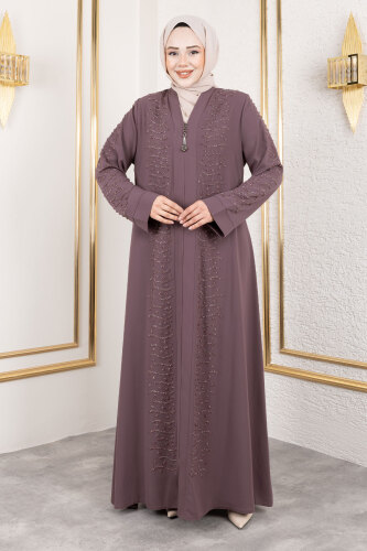 Dalga Taş Detaylı Abaya TSD250166 Gül Kurusu - 4