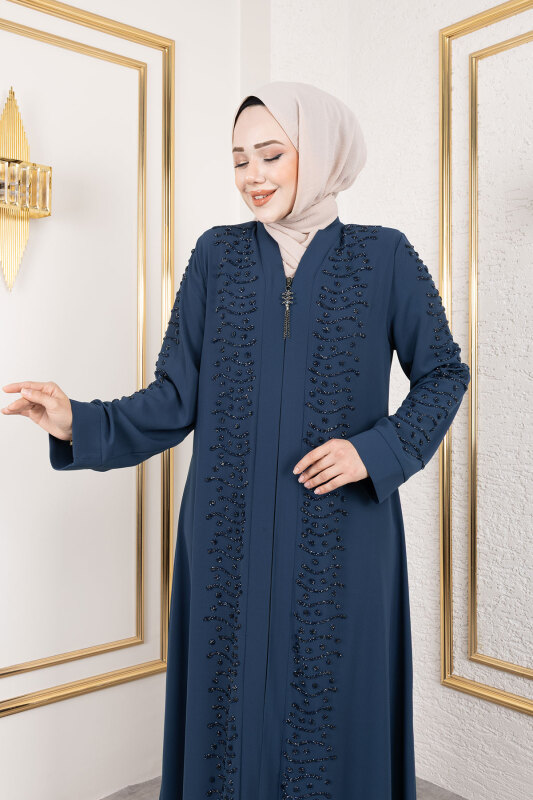 Dalga Taş Detaylı Abaya TSD250166 Petrol - 2