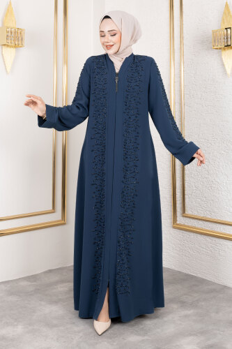 Dalga Taş Detaylı Abaya TSD250166 Petrol - 3