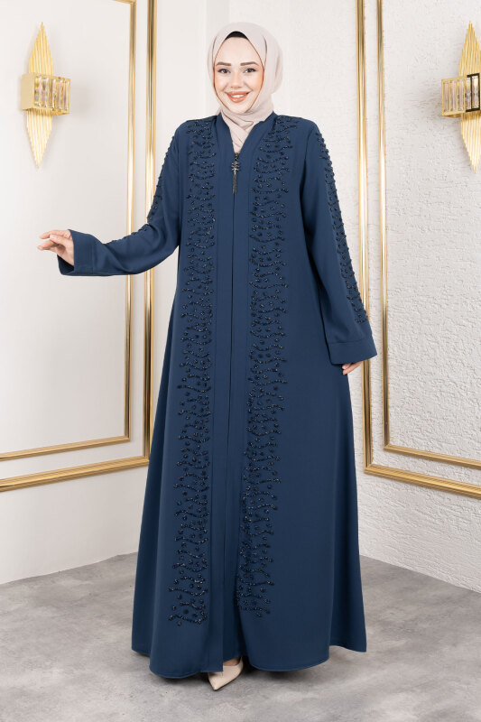 Dalga Taş Detaylı Abaya TSD250166 Petrol - 4