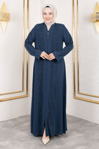 Dalga Taş Detaylı Abaya TSD250166 Petrol - 1