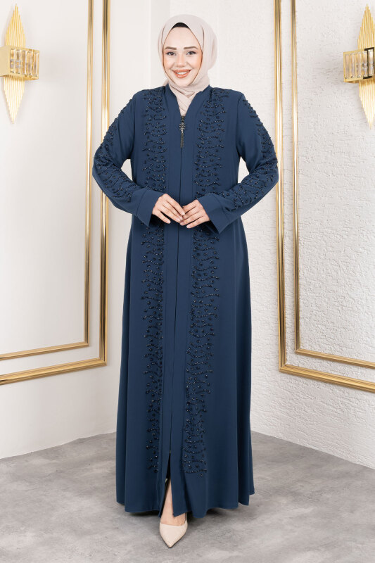 Dalga Taş Detaylı Abaya TSD250166 Petrol - 1