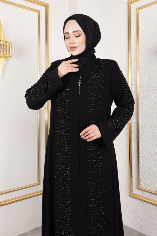 Dalga Taş Detaylı Abaya TSD250166 Siyah - 2