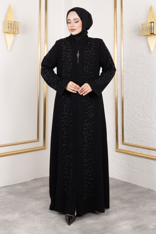 Dalga Taş Detaylı Abaya TSD250166 Siyah - 1