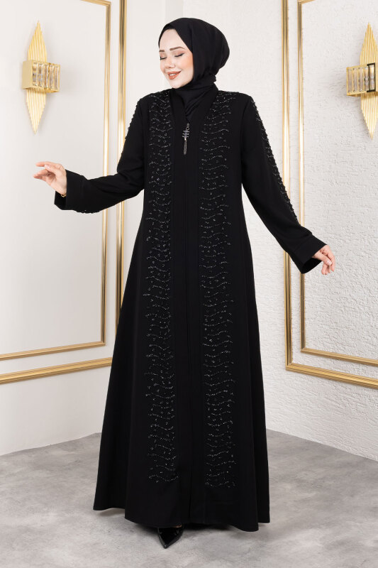 Dalga Taş Detaylı Abaya TSD250166 Siyah - 4