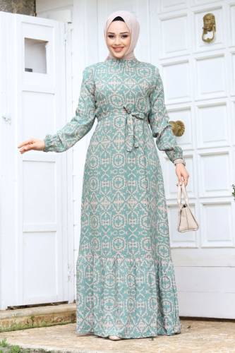 Desenli Eteği Volanlı Elbise TSD240242 Mint Yeşili - 1