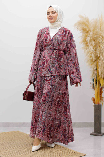 Desenli İp Bağlamalı Etekli Takım TSD250259 Bordo - 1