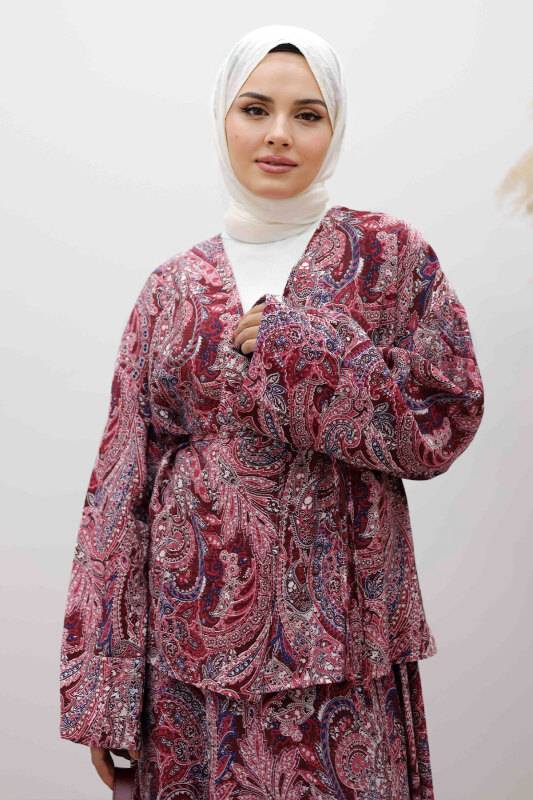 Desenli İp Bağlamalı Etekli Takım TSD250259 Bordo - Tesettür Dünyası (1)