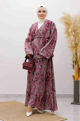 Desenli İp Bağlamalı Etekli Takım TSD250259 Bordo - 3