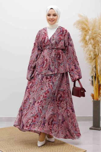 Desenli İp Bağlamalı Etekli Takım TSD250259 Bordo - 4
